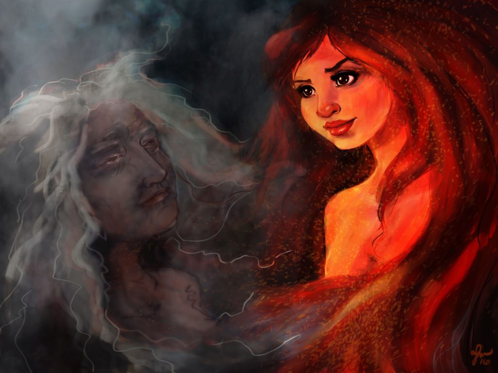 An old woman in smoke across from a young woman in red and yellow