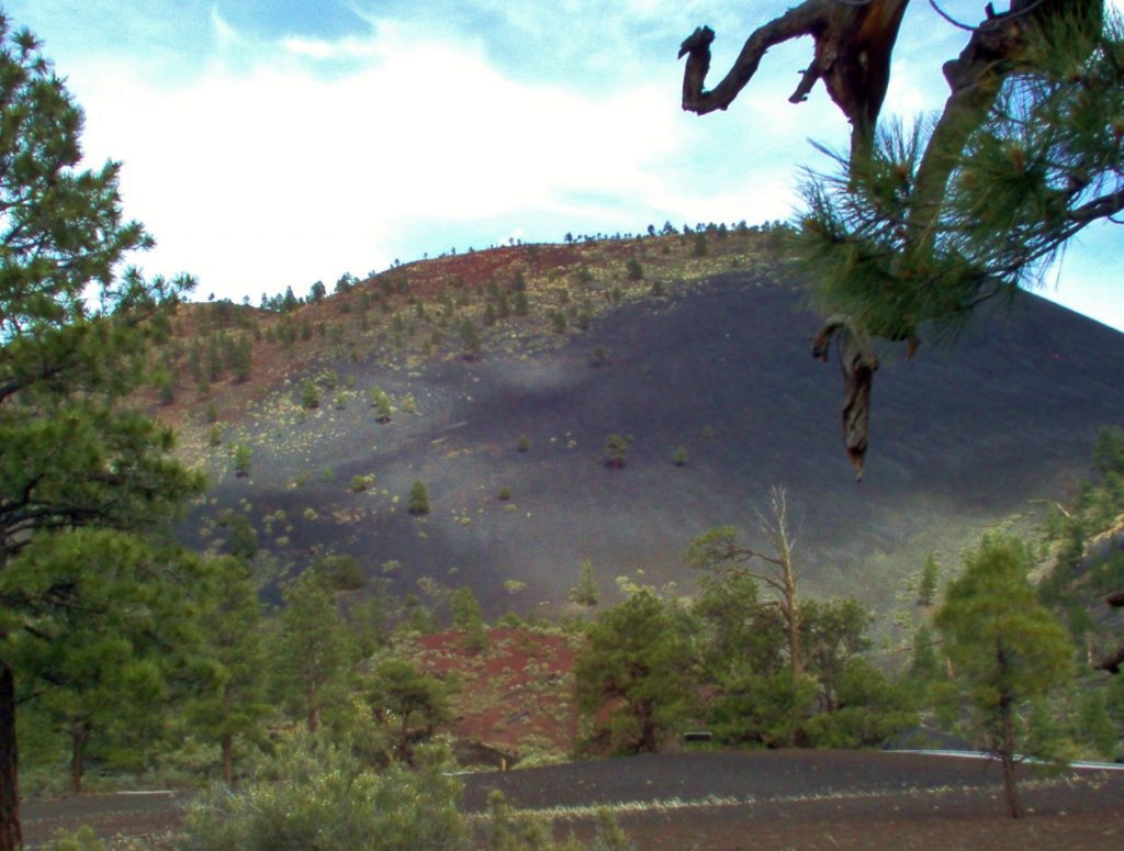 Image shows a cinder cone that fills most of the photo. It has dark purple-gray cinders through most of its bulk, and is topped with red cinders. It's dotted with a few hardy Ponderosa pines. The gnarled branch of a Ponderosa is visible in the upper right corner.