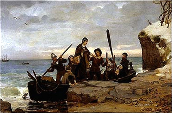 Image is a painting showing a rowboat full of Pilgrims landing on Plymouth Rock, which is shown as a flat boulder jutting from a sandy shore.