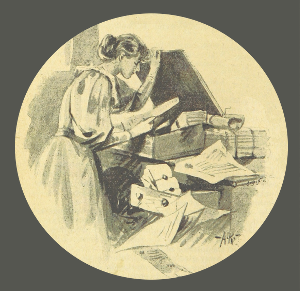 Late-1800s charcoal drawing of a young woman reading a page she's pulled out of a wooden desk. Circular vignette.