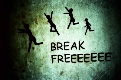 Four female stick figures running and jumping on a green background with the text, "break freeeeeee".