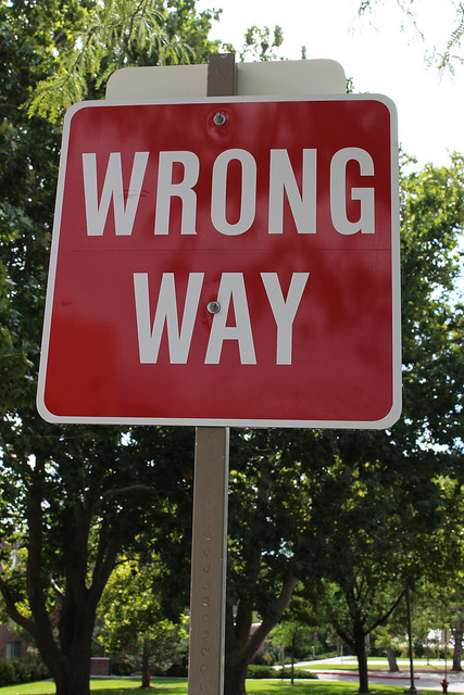 Photo of "Wrong Way" traffic sign against a leafy background.