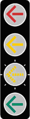 Mock up of traffic light with red, yellow, green, and dotted yellow left-turn arrows.