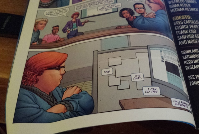 Image shows multiple comics panels, but the main panel in the foreground shows Faith, a fat, orange-haired scowling woman with her arms crossed over her chest. The text reads "Fine. It's okay. I can do this. I'm a freakin' superhero."