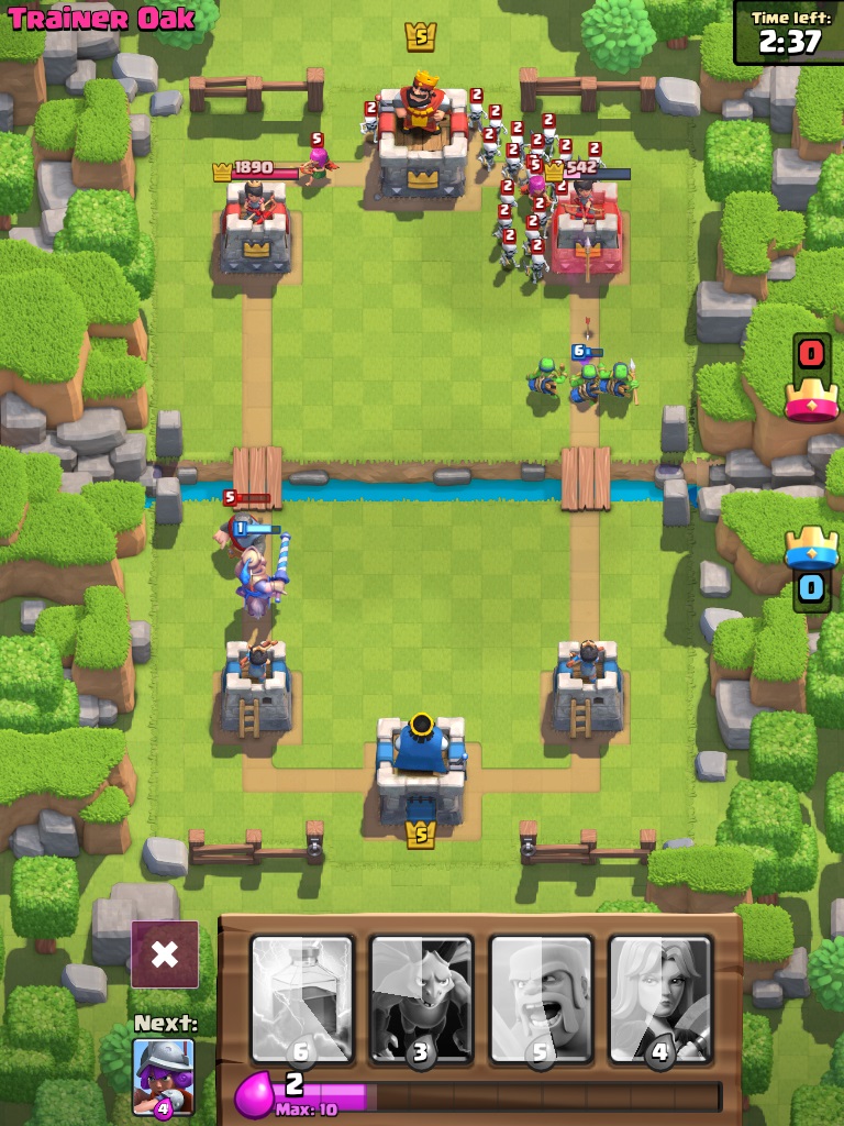 A screenshot of Clash Royale. Two arenas are shown - mine on the bottom half of the screen and my opponent at the top of the screen. Two battles are currently being waged, involving a prince, a knight, a horde of skeletons, archers and spear-throwing goblins
