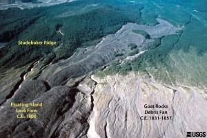 Annotated image shows dark gray lava flows bordered by green forests. There's a wide lava plain in the foreground, and a long, thin one in the middle.
