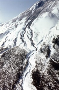 Image shows the flank of Mount St. Helens from just above treeline to a bit below treeline. Everything is covered in fresh snow. A mudflow has left dark streams stained into the snow.