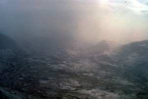 Murky image shows a devastated landscape and ash-filled air.