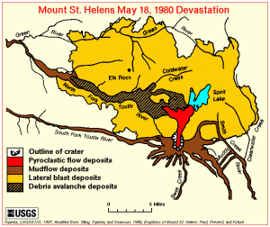 Image is a map showing the extent of the eruption deposits from Mount St. Helens, including lahars, pyroclastic flows, lateral blast, and debris avalanche deposits.