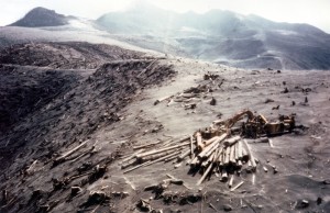 Image shows a ridge within the devastated area. There is no plant life left, only stumps of trees. There is a pile of logs that has been scattered by the blast, and ruined logging equipment beside them. The ridges in the distance are faded into a haze of ash. 
