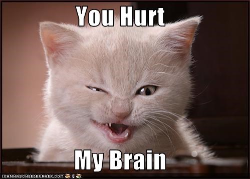 Image is of a squinting white kitten with its mouth open is a sort of grimace. Caption reads, "You hurt my brain."