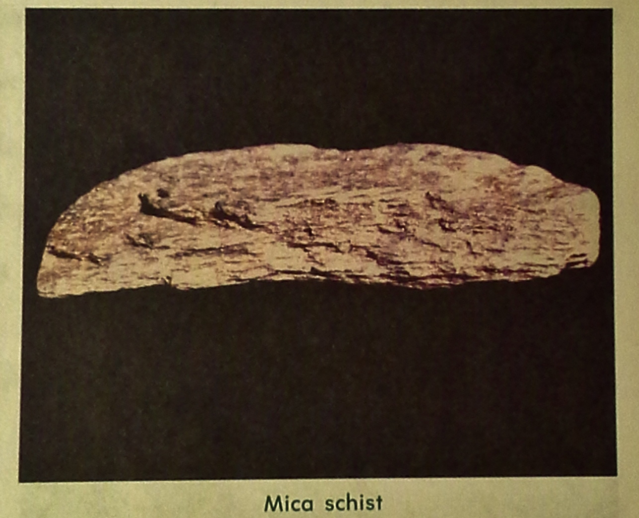 Image shows a brownish-golden chunk of mica schist from the ACE PACE 1086. Caption says, Mica Schist.