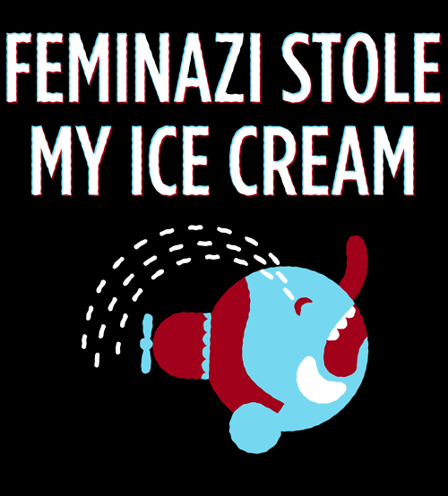 Image is a cartoon of a blue man's head, wearing a beanie cap with a propeller and crying many tears. Caption says, "Feminazis stole my ice cream."