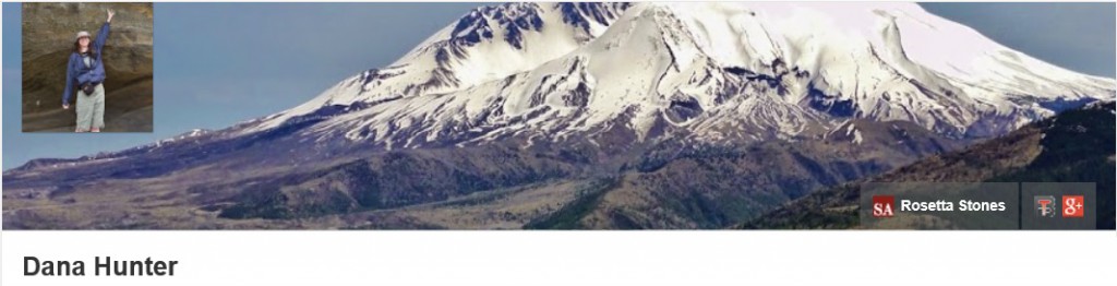 Image shows a snow-covered Mount St. Helens with a little inset picture of me standing in front of a huge rock and pointing up at it.