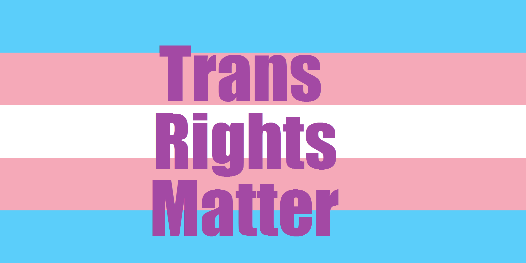 Image is trans flag with Trans Rights Matter in purple block letters.