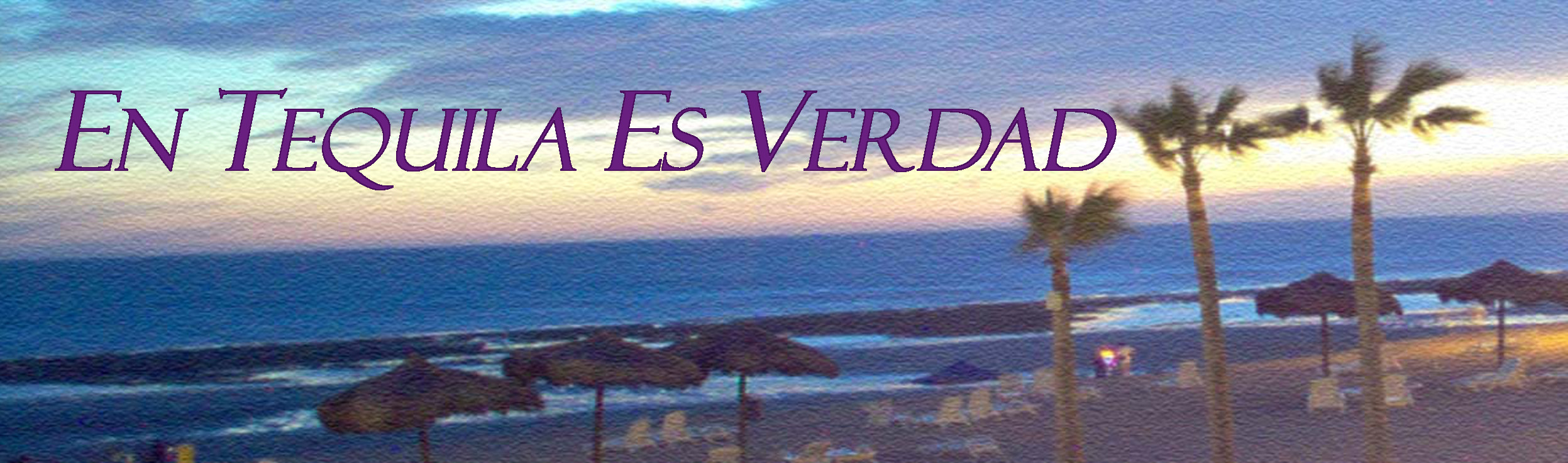 Image shows a beach scene with palm trees and grass umbrellas. Colors are pastel blues and purples with some pink and orange on the sunset horizon over the sea. En Tequila Es Verdad is printed in purple at the top.