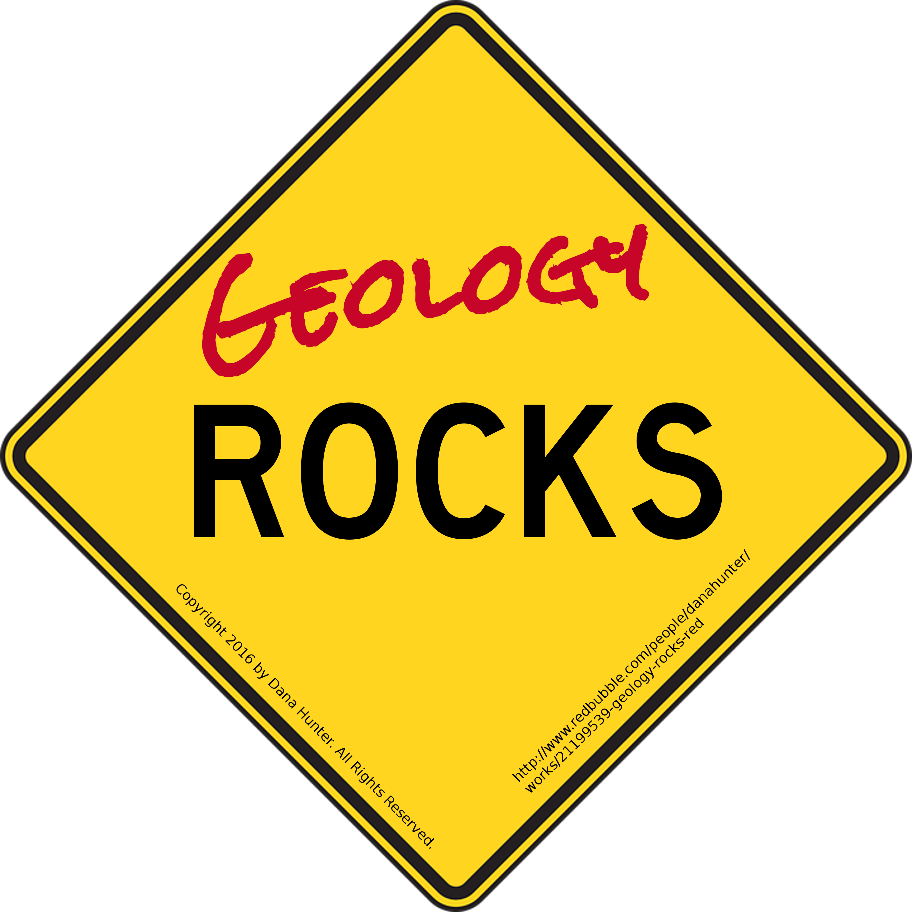 Image shows a diamond-shaped yellow caution sign with ROCKS printed in black in the center. Above it, Geology is written in red.