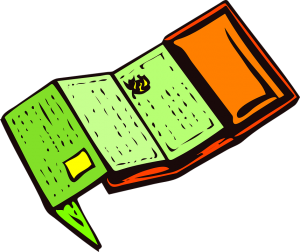 Image is a drawing of an open wallet with an accordion-fold of cards falling out. The wallet is brown, the cards green.