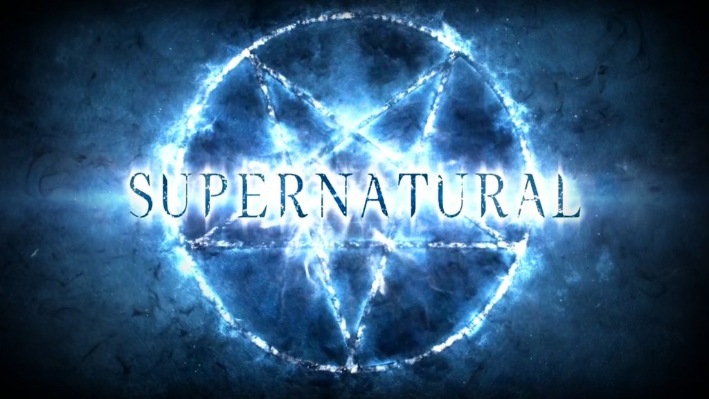Image shows the Supernatural title, which is the show's name in all caps over a blue fire pentegram.