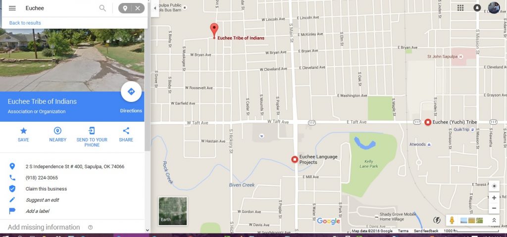 Image shows a screenshot of Google Maps, centered on a portion of the city of Sapulpa showing more than one Euchee Tribe organization.