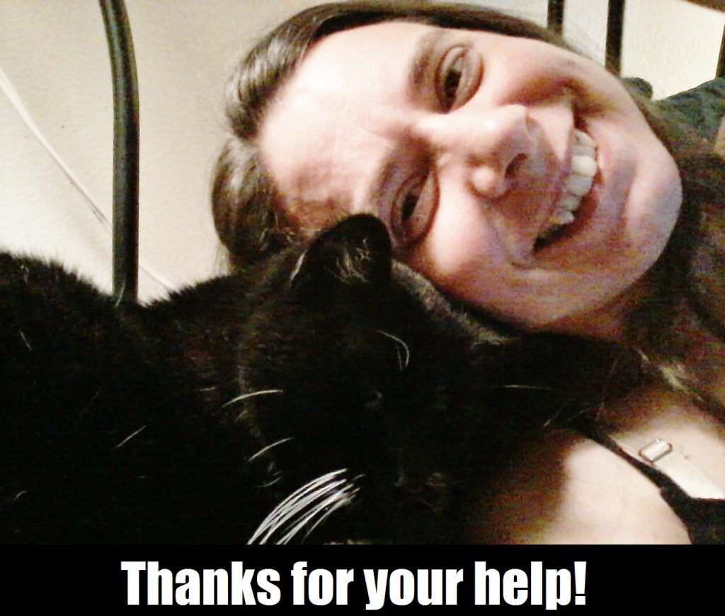 Image shows me smiling at the camera with Misha's head on my shoulder. Caption says, "Thanks for your help!"