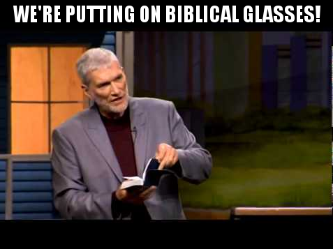 Image shows Ken Ham holding a Bible and looking towards the right. Caption says, "We're putting on biblical glasses!"