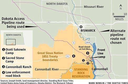 Image is a map that shows the current Standing Rock reservation and the much larger boundaries of the 1851 treaty.