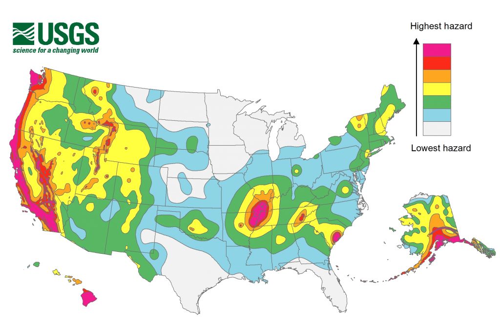 Image shows a map of the United States with the areas of greatest seismic hazard in red. The states most at risk are California, Oregon, Washington, Alaska, Hawaii, Nevada, Utah, Colorado, Wyoming, Idaho, Montana, Oklahoma, Arkansas, Mississippi, Missouri, Illinois, Indiana, Kentucky, Tennessee, Louisiana, Georgia, Ohio, Kentucky, West Virginia, North and South Carolina, and pretty much all of New England. Yeah, we've got lotsa hazards in the United States!