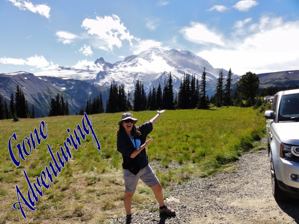 Image shows me standing in a meadow with Mount Rainier in the background, doing a Vannah White impression. Beside me are blue letters outlined in white saying Gone Adventuring.