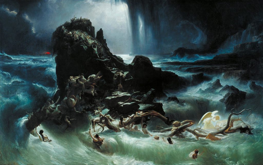 Image is a scene of the Genesis Flood at night, lit by flashes of lightning. Green-gray waves batter at a bleak rock outcrop. Desperate people cling to the rock. The waves are full of more people, both living and dead. The living are trying to reach the rock.