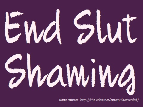 Image is a dark purple background with pink lettering that says, "End Slut Shaming."