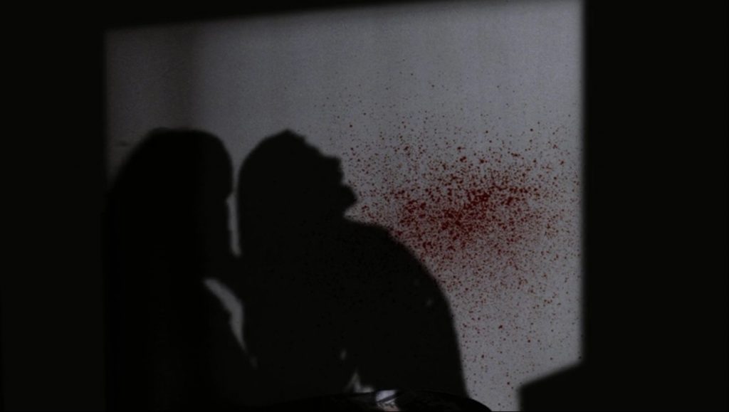 Screenshot shows a gray wall with black shadows projected against it. A woman's shadow has her back arched and her mouth open. There is an indistinct figure behind it, stabbing her in the back. There is a red spray of blood on the wall.