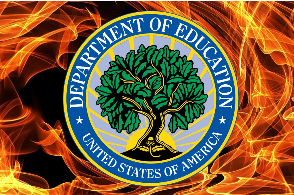 Image shows the Department of Education logo, which is a cartoon tree against a blue and gold background with Department of Education United States of America in a blue strip around it. The logo is surrounded by flames.