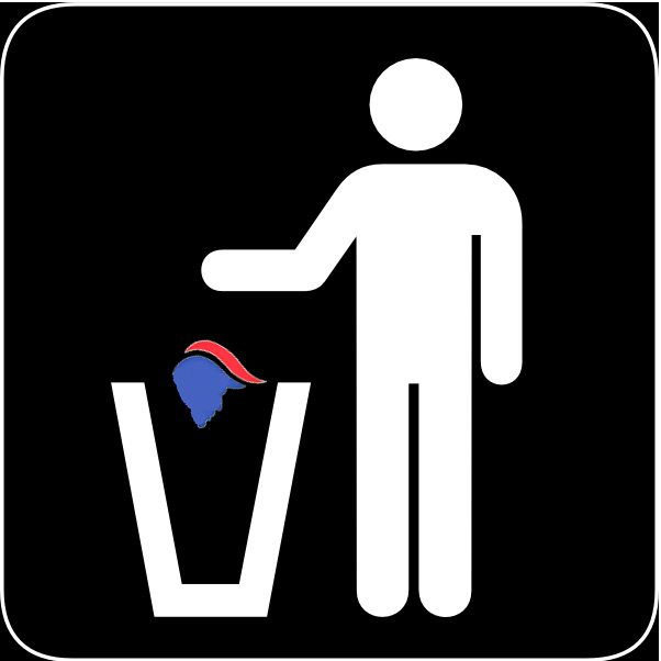 Image is a clipart showing a generic person dumping a cartoon red and blue head of Trump into a garbage can.