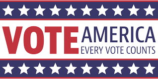 Image is a banner with white stars on a navy background running across the top and bottom, bordered in red. In a white box in the middle, it says VOTE America. Every Vote Counts.