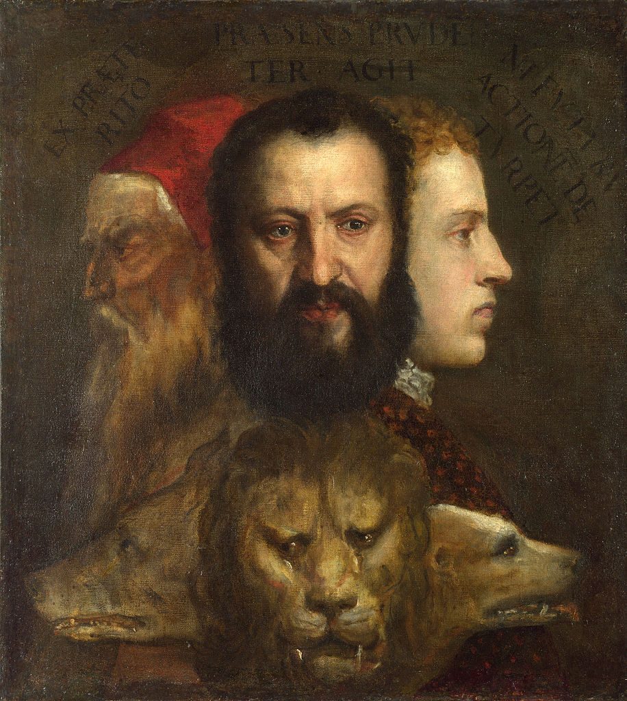 Image shows a painting done in dark colors. Three faces, two in profile and one centered, are above a wolf, lion, and dog who are likewise facing in the three directions, with the lion centered. An old man with a white beard wearing a red cap gazes to the left, above the wolf. A man with black hair and beard stares out from the center, above the lion. A young man with reddish-brown hair wearing a red tunic dotted with white gazes out to the right from above the dog's head. Above them are inscribed the words EX PRAETERITO/PRAESENS PRUDENTER AGIT/NE FUTURA ACTIONẼ DETURPET, barely visible in dark brown ink against a slightly lighter brown background.