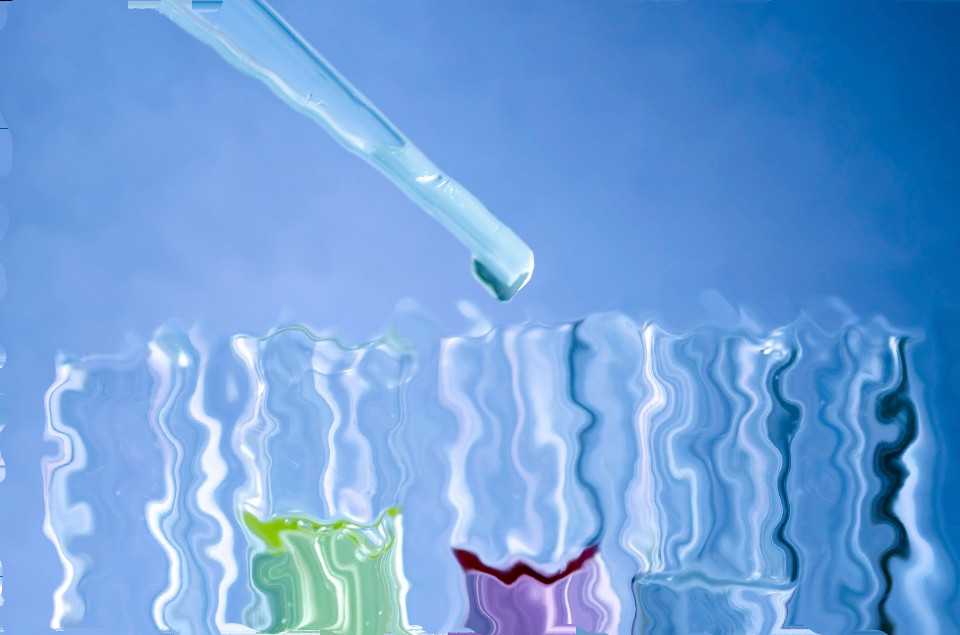 Image shows a dropper putting liquid in a rack of test tubes, which are filled with various pastel-colored fluids on a blue background. The image is distorted and ripply.