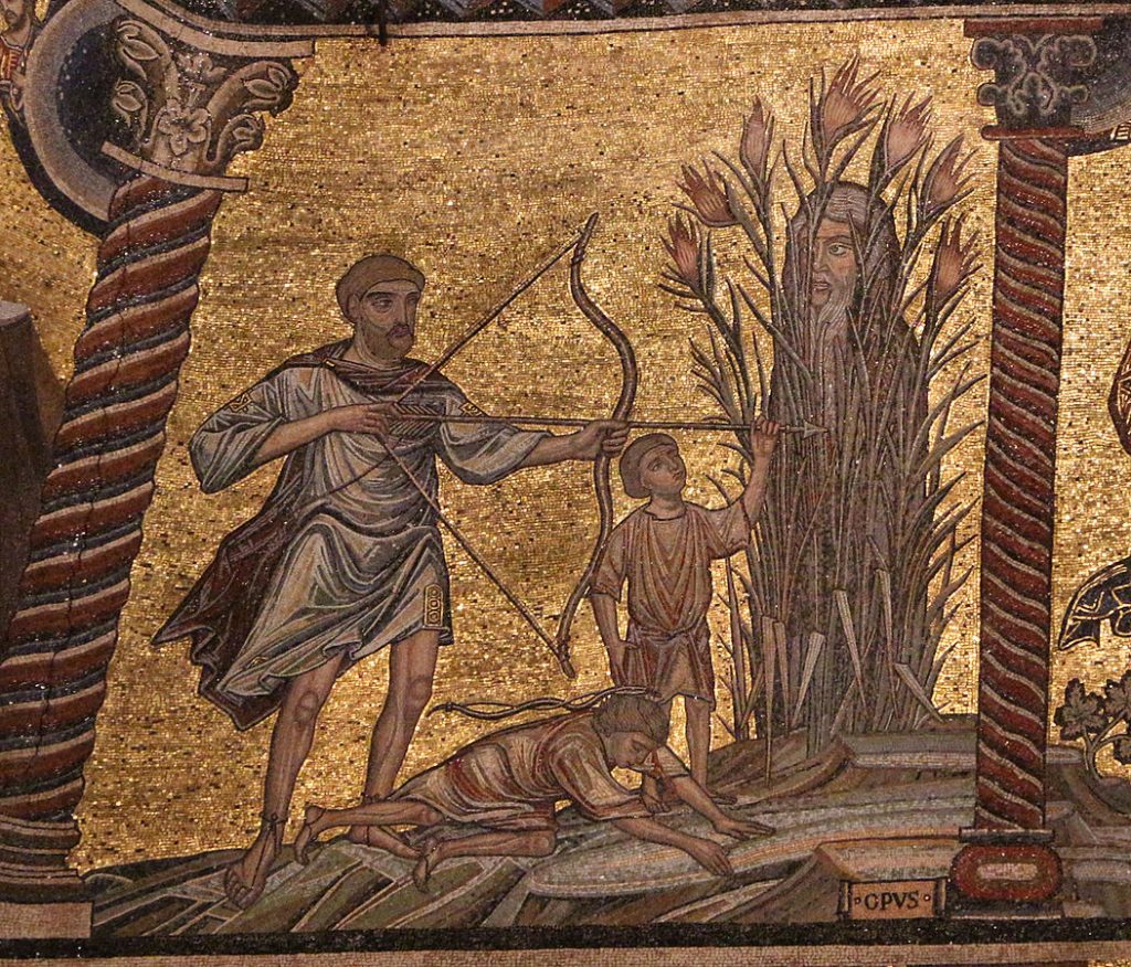 Image is a mosaic showing a man holding a bow, with a drawn arrow aimed at a man hiding in bushes. There is a dying man at his feet. A small boy stands beside the bushes. 
