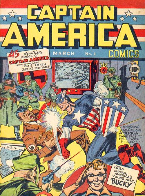 Cover of Captain America #1, showing Cap punching out Adolf Hitler.