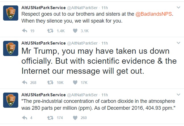 Screenshot of @AltNatParkSer tweets. From the bottom (earliest) to the top tweet, they are as follows: Tweet 1: "'The pre-industrial concentration of carbon dioxide in the atmosphere was 280 parts per million (ppm). As of December 2016, 404.93 ppm.'" Tweet 2: "Mr Trump, you may have taken us down officially. But with scientific evidence & the Internet our message will get out. Tweet 3: "Respect goes out to our brothers and sisters at the @BadlandsNPS. When they silence you, we will speak for you."