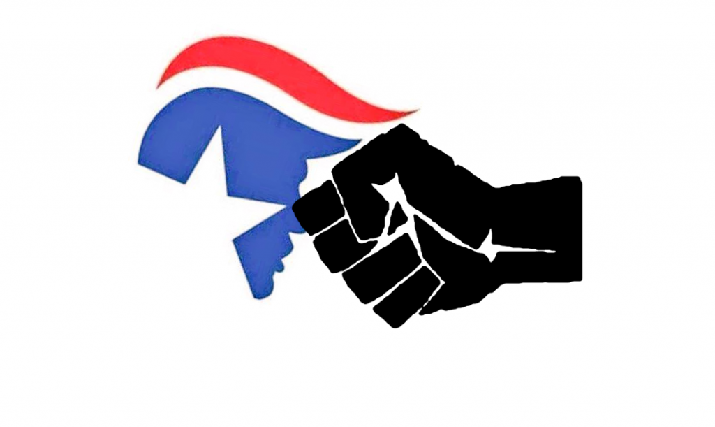 Image is a cartoon of a black fist punching a red, white and blue head of Donald Trump in the face.