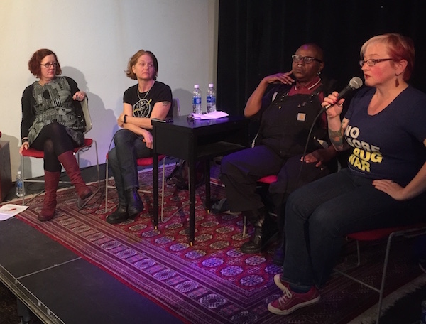 All four presenters at ACT UP workshop hosted by Godless Perverts on Jan 9, 2017. Left to right: Ingrid Nelson, Rebecca Hensler, Crystal Mason, and Laura Thomas.