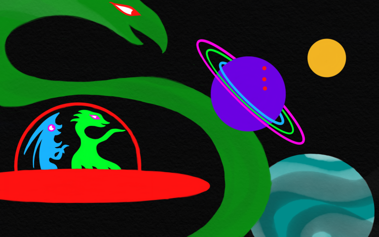 Happy monsters in a flying saucer visit space, with planets, a sun, and a happy space dragon