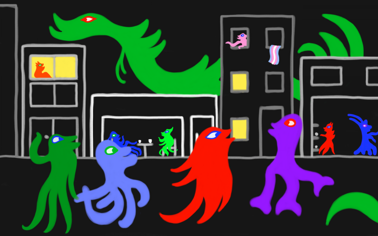 Happy monsters socialize in a city street at night