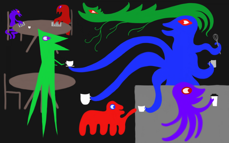 Happy monsters buy coffee, drink coffee, chat, and work, with multi-tentacled barista