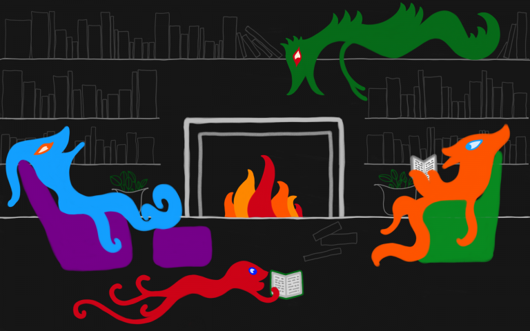 Happy monsters read and relax by a fireplace in a library. A dragon monster sits on a shelf, knocking books off to reach one.