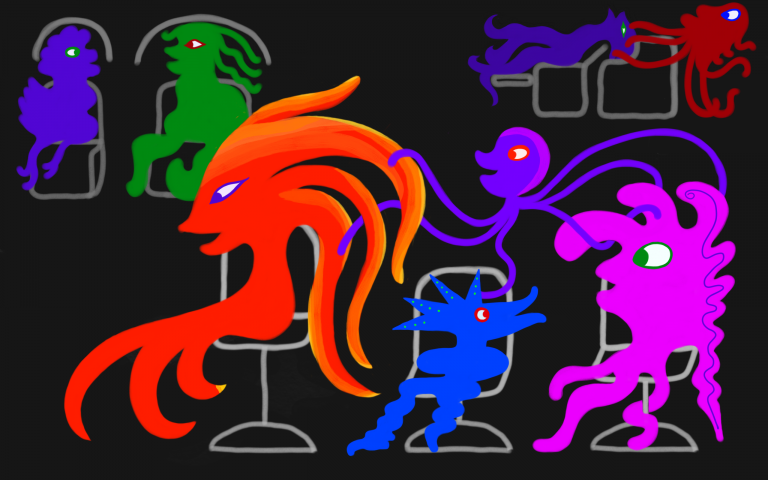 Happy monsters at the beauty parlor get their hair/ tentacles colored and styled