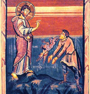 ancient depiction of a saint causing a demon to be cast out of someone's mouth