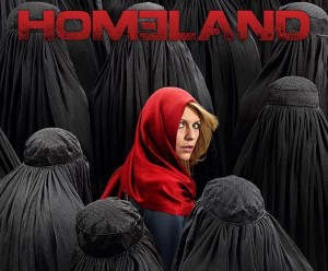 poster for season 4 of the TV show Homeland that depicts covered Muslim women as wolves surrounding the blond lead character in a Red Riding Hood cloak