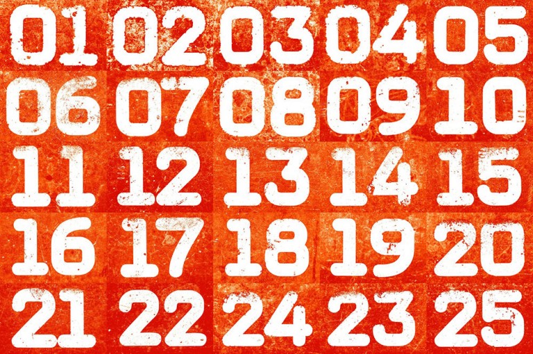 White numbers on a grungy orange background
